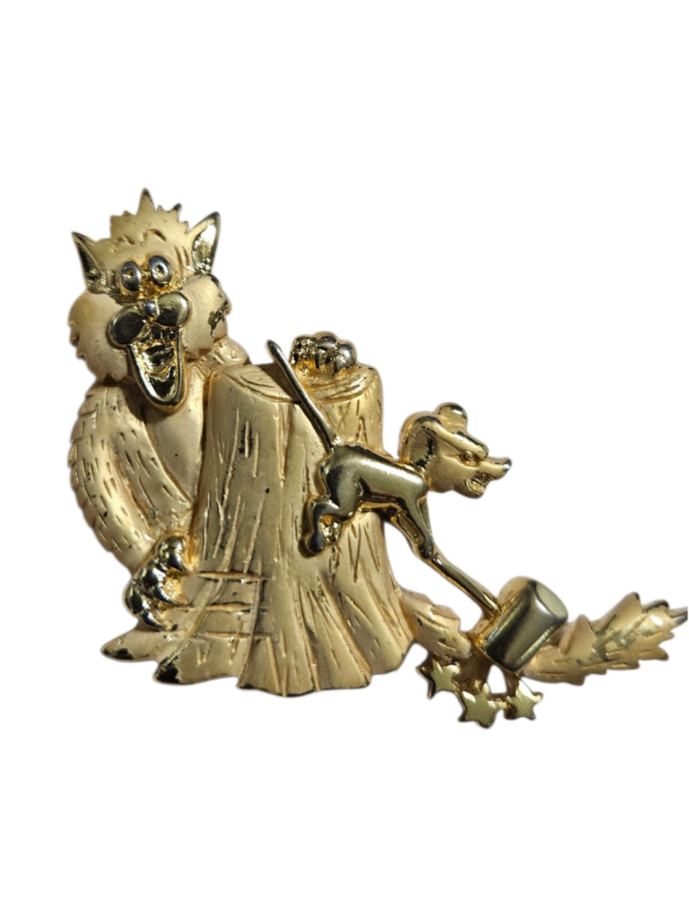 Jonette Jewelry JJ Cat & Mouse Figural Brooch Gold Tone Vintage 1980s